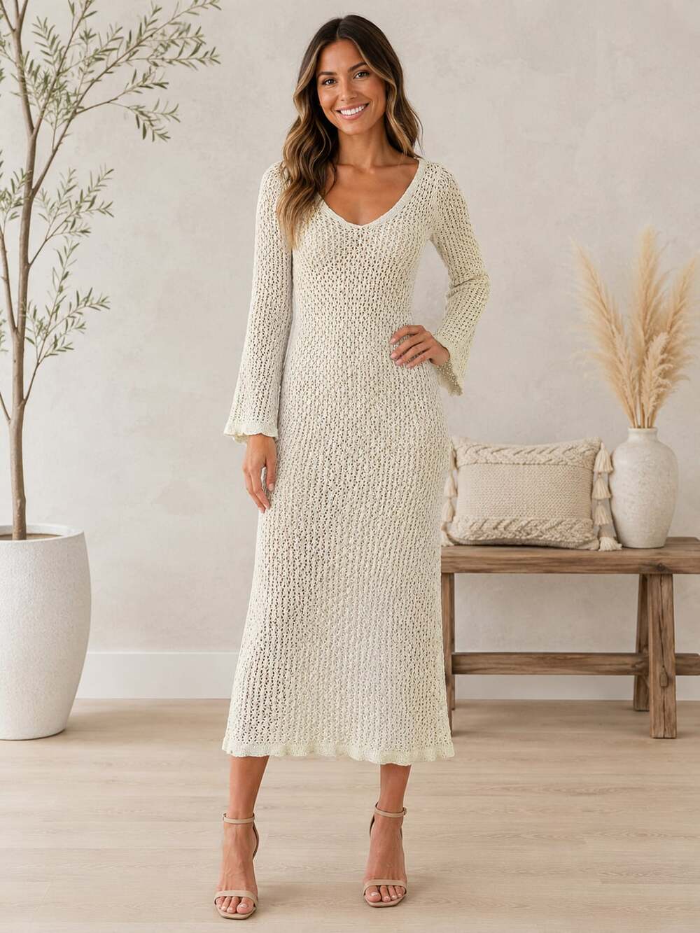 Y2K Crochet Knit Maxi Dress Bell Sleeve Beach Cover Up Boho XS - S Beige